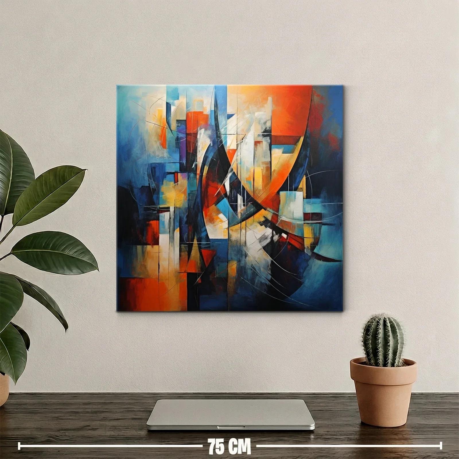 Cuadro abstracto con formas geométricas en tonos cálidos y fríos — miniatura 2