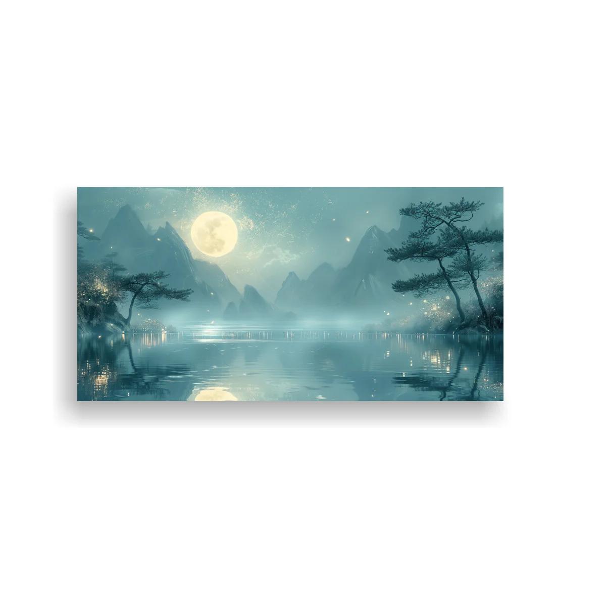 Cuadro paisaje lacustre nocturno con luna sobre el horizonte