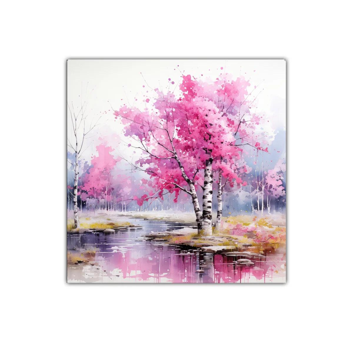 Paisaje de árboles rosas con reflejo en el agua sereno