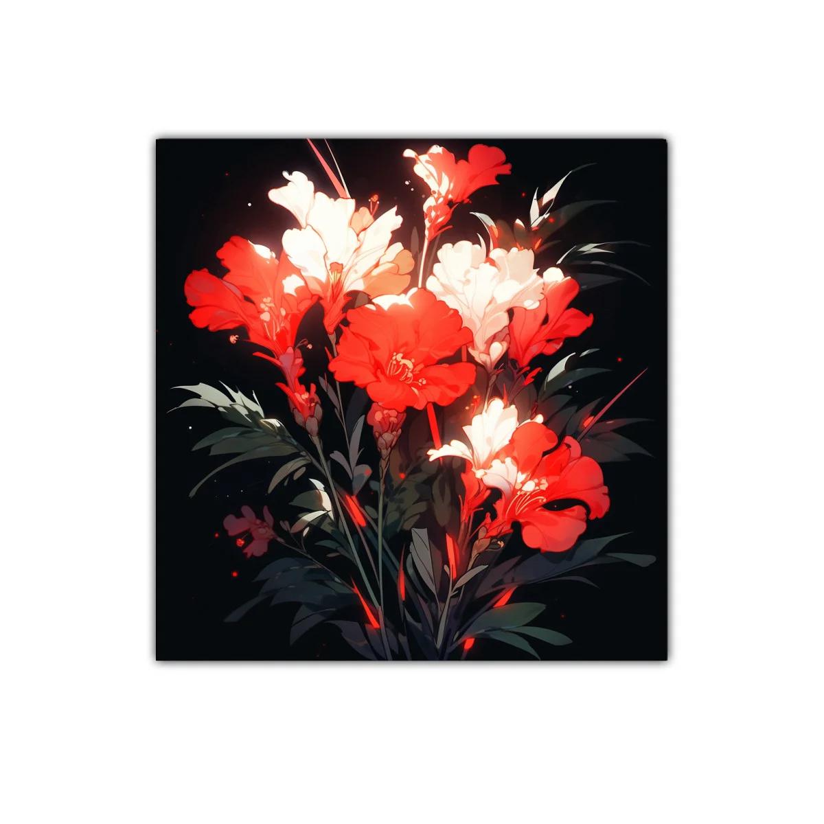 Ramo vibrante de flores rojas y blancas sobre fondo oscuro