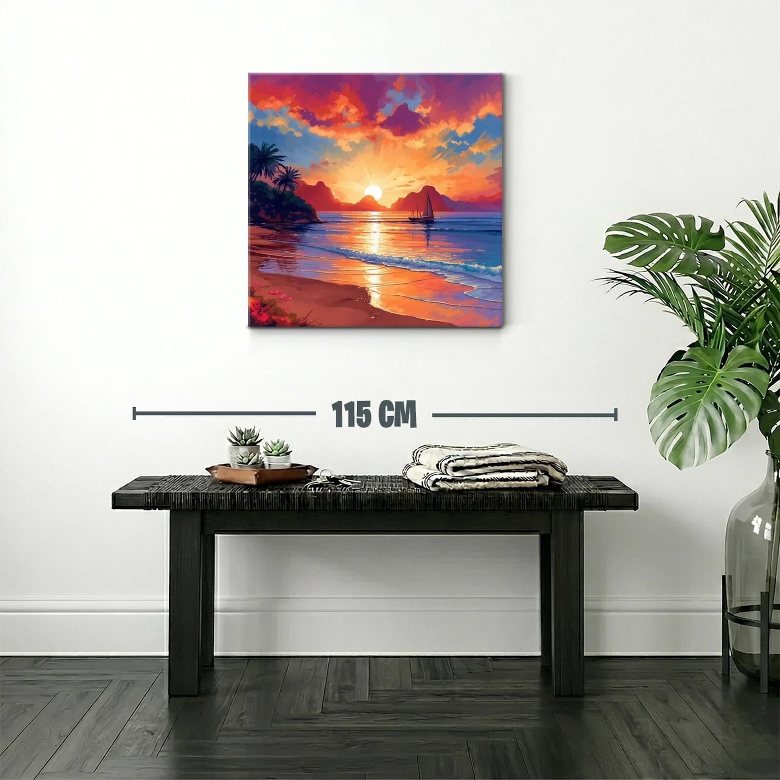 Atardecer vibrante con velero en la playa tranquila — miniatura 2