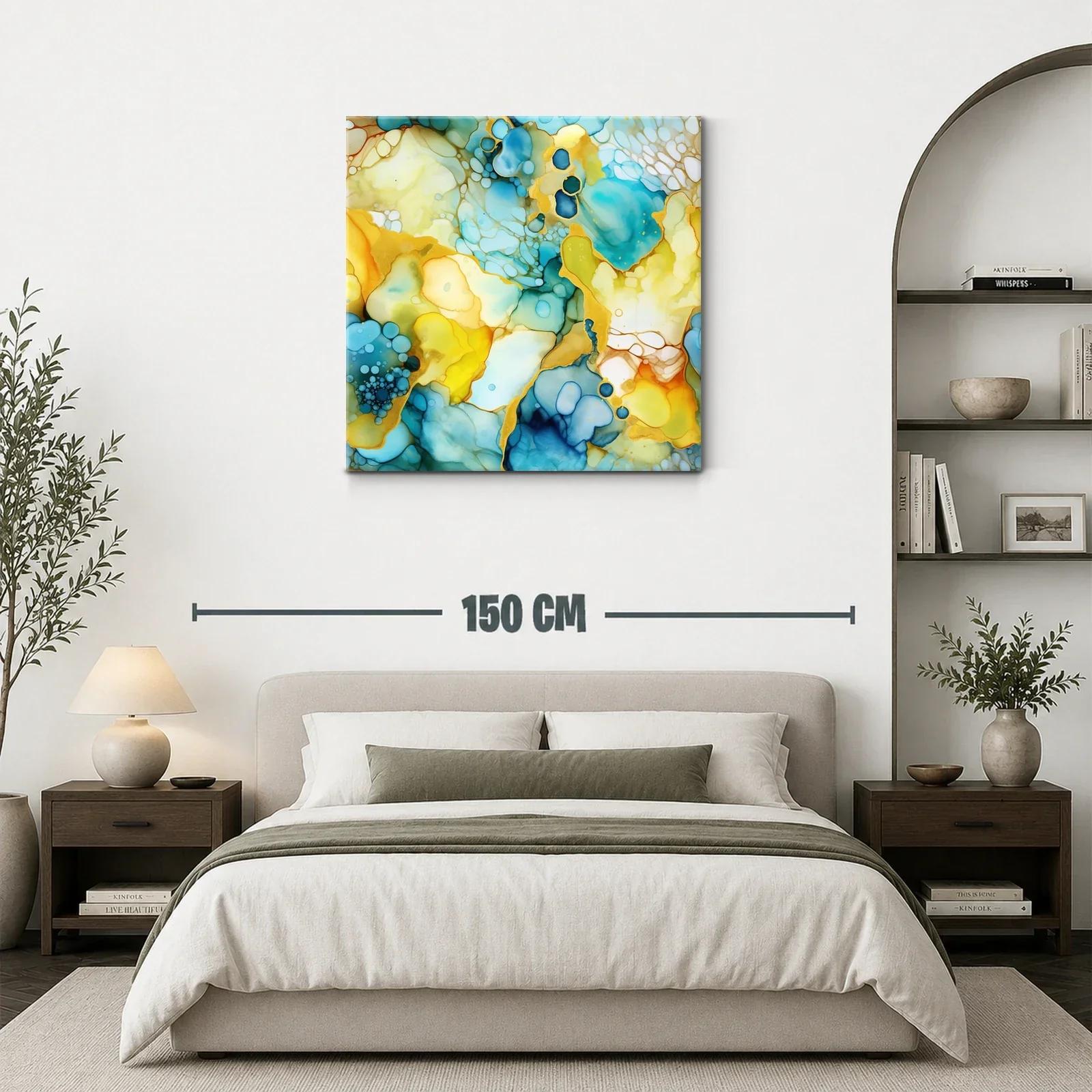Cuadro abstracto con tonos azules y ocres vibrantes — miniatura 3