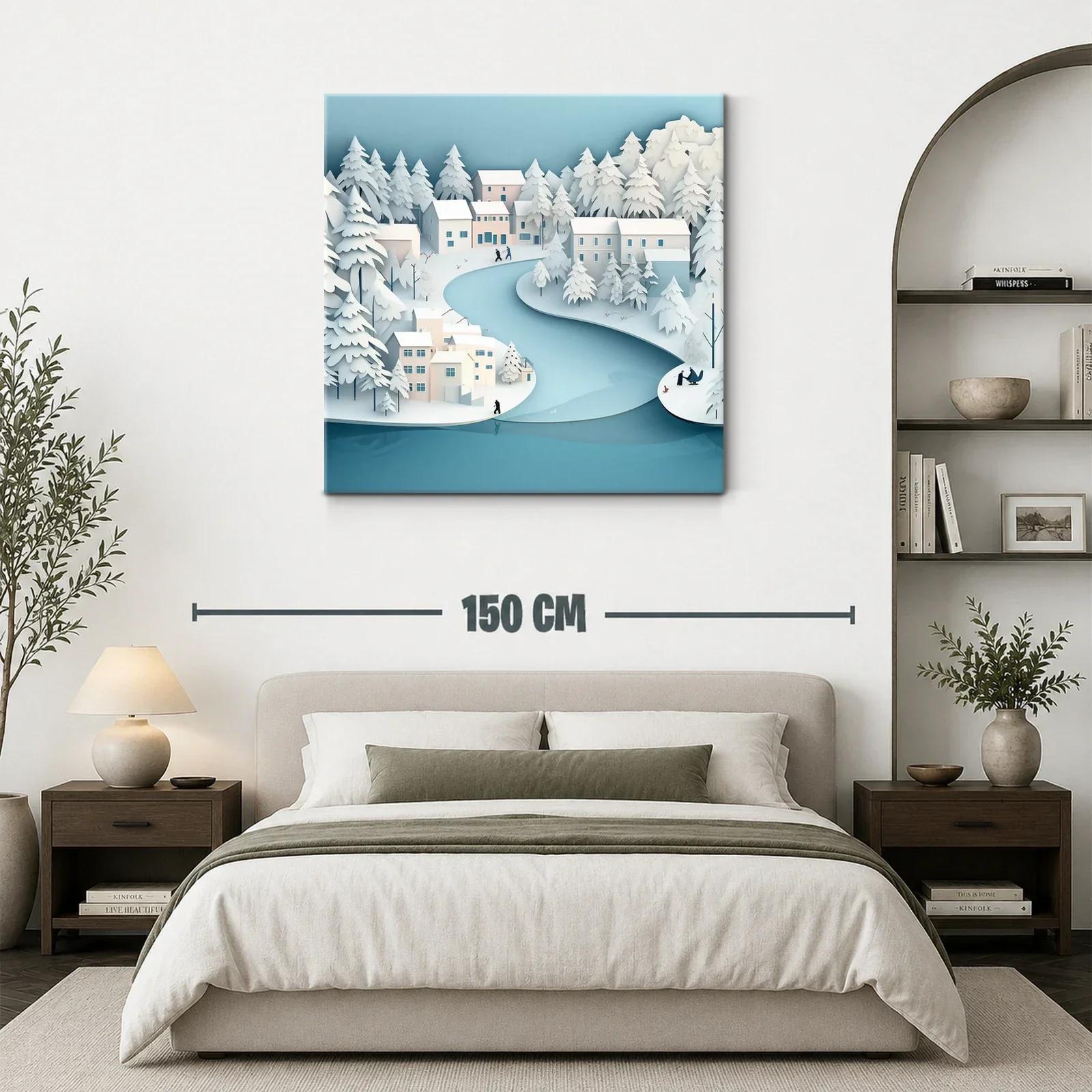 Paisaje invernal sereno con río y casas nevadas — miniatura 3