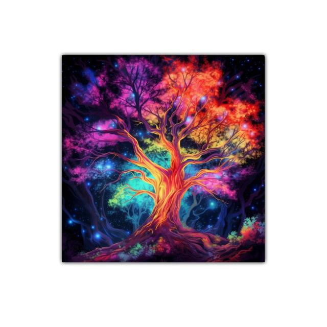 Árbol mágico multicolor con luz en paisaje nocturno