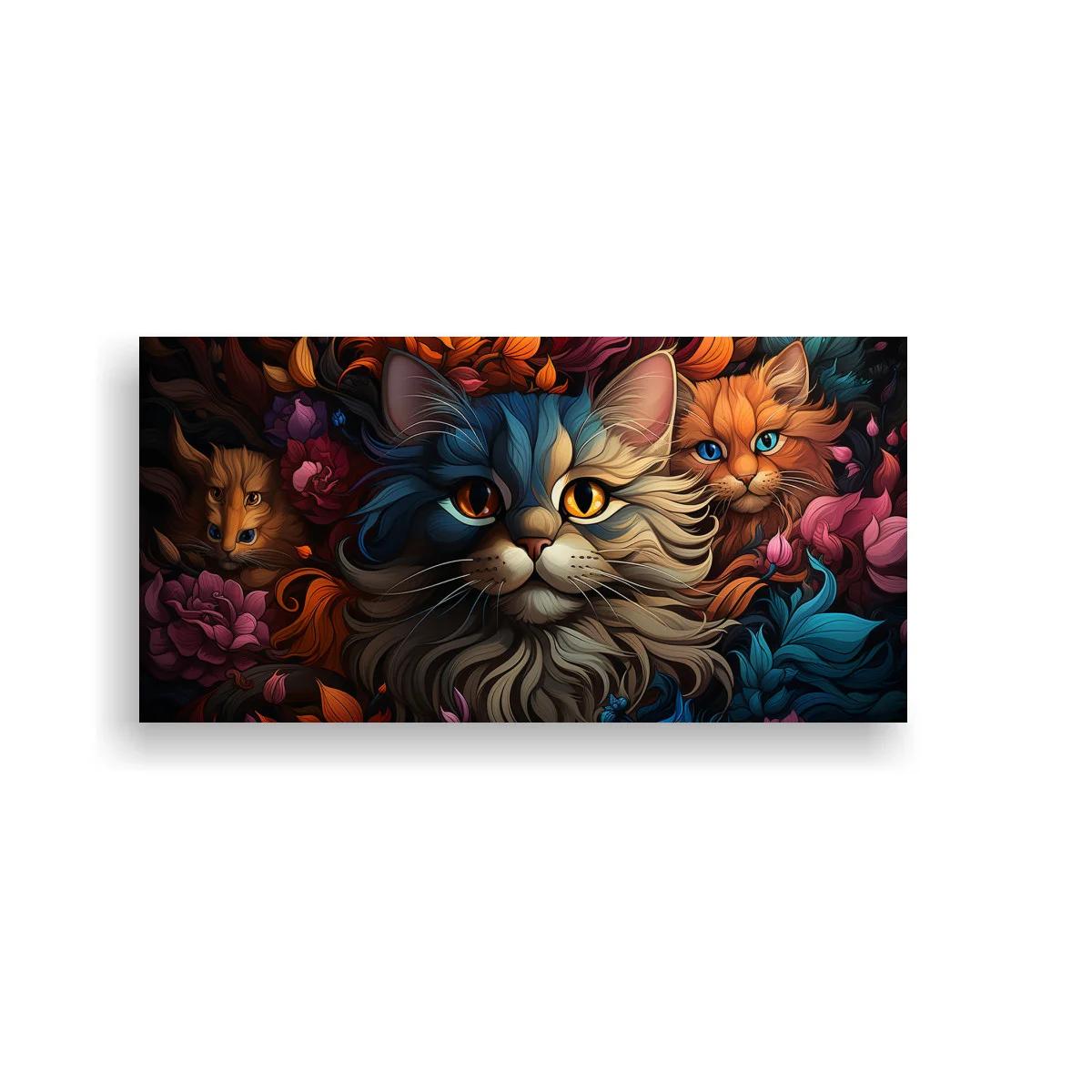 Cuadro gato de pelo largo entre flores coral y magenta