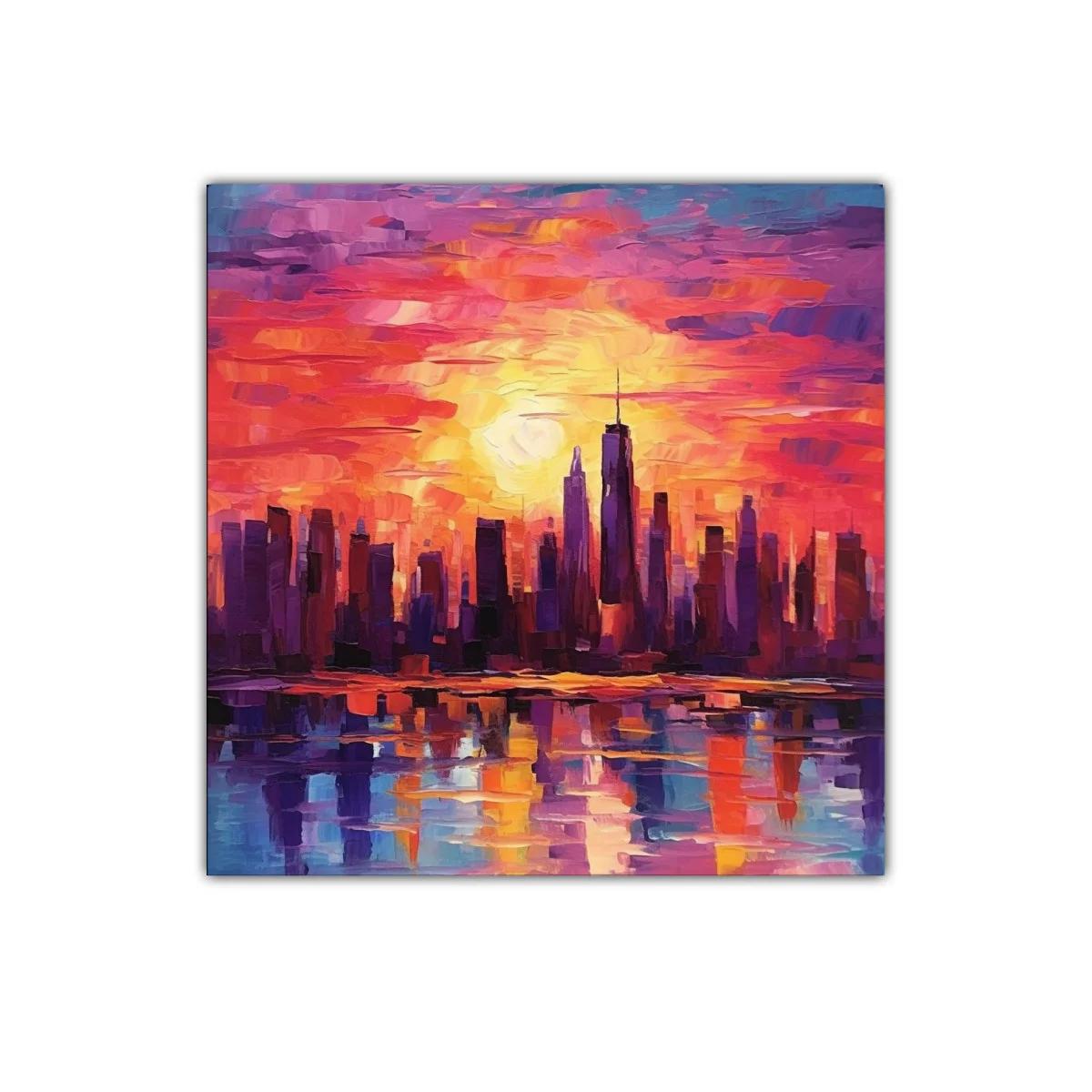 Atardecer vibrante sobre una ciudad moderna y reflejos sorprendentes