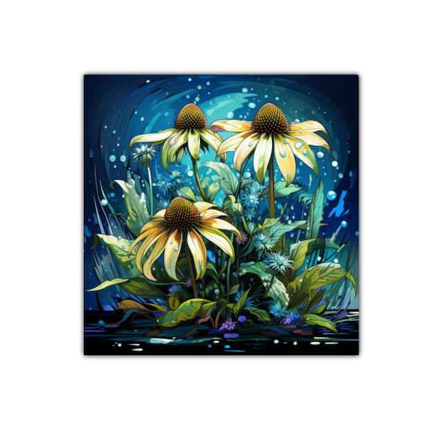 Flores luminosas en fondo azul profundo decorativo