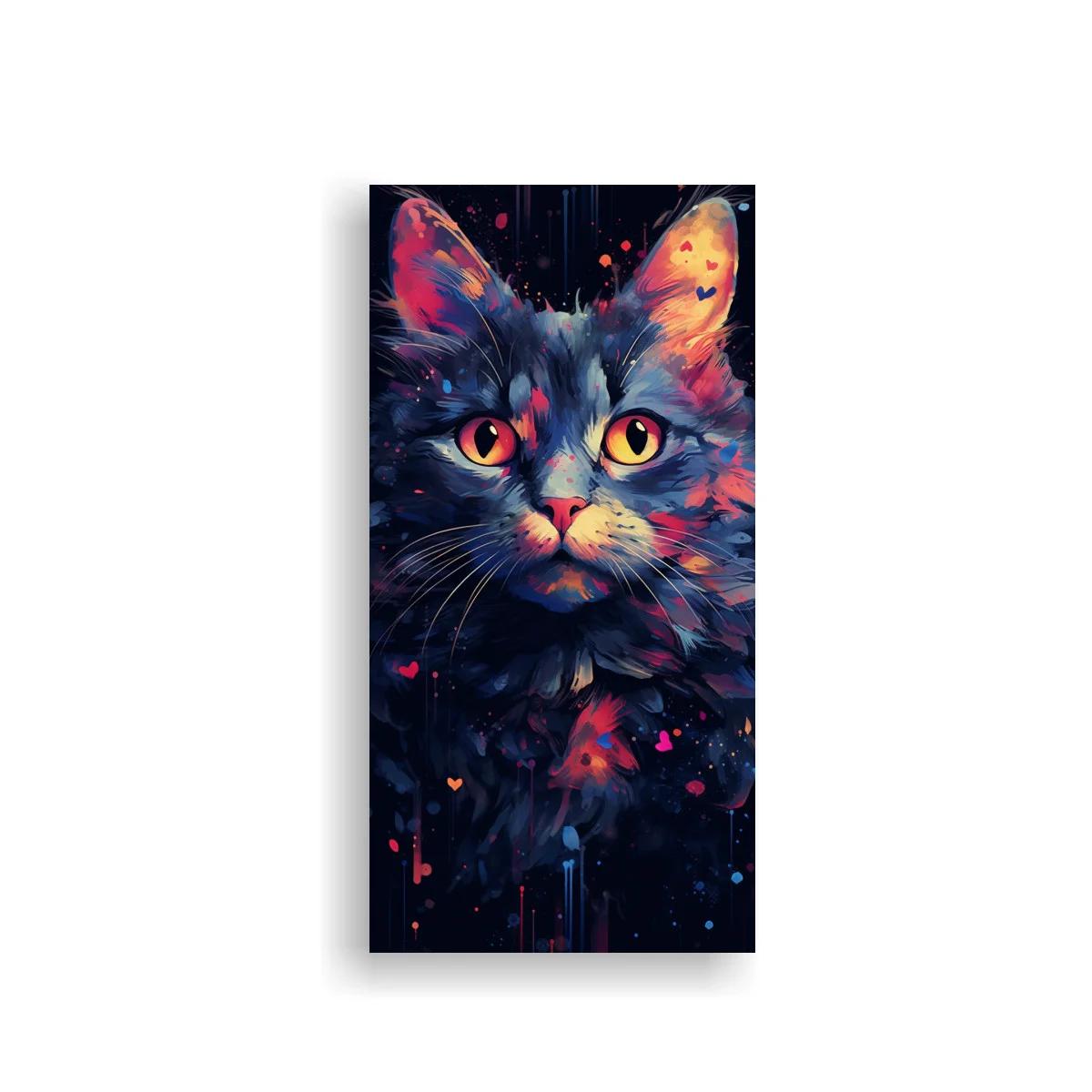 Cuadro gato de pelo largo con colores intensos y corazones