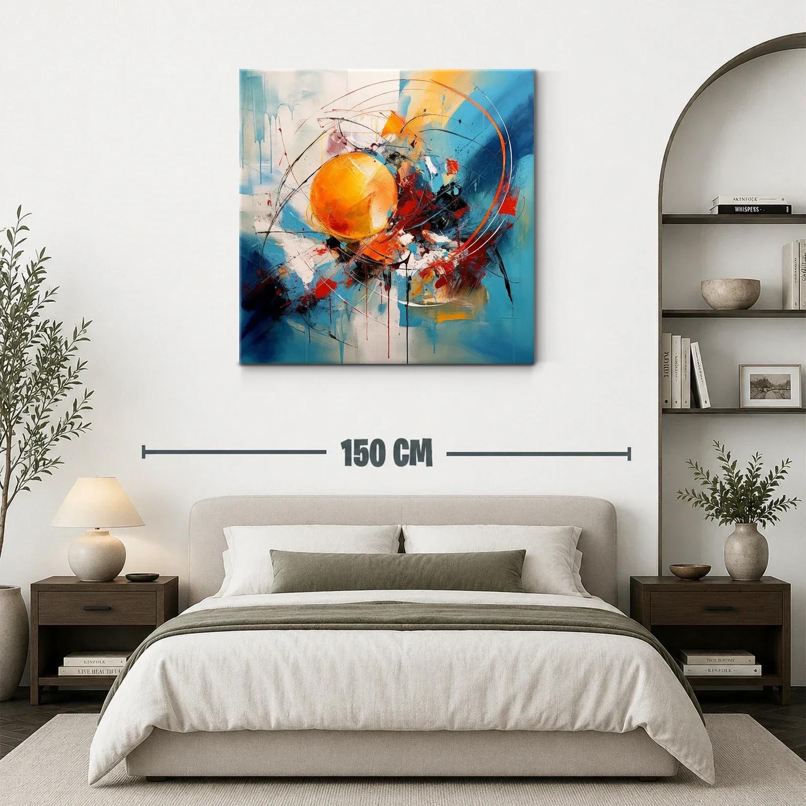 Cuadro Abstracto con Esferas y Dinámicas Líneas en Azul y Naranja — miniatura 3