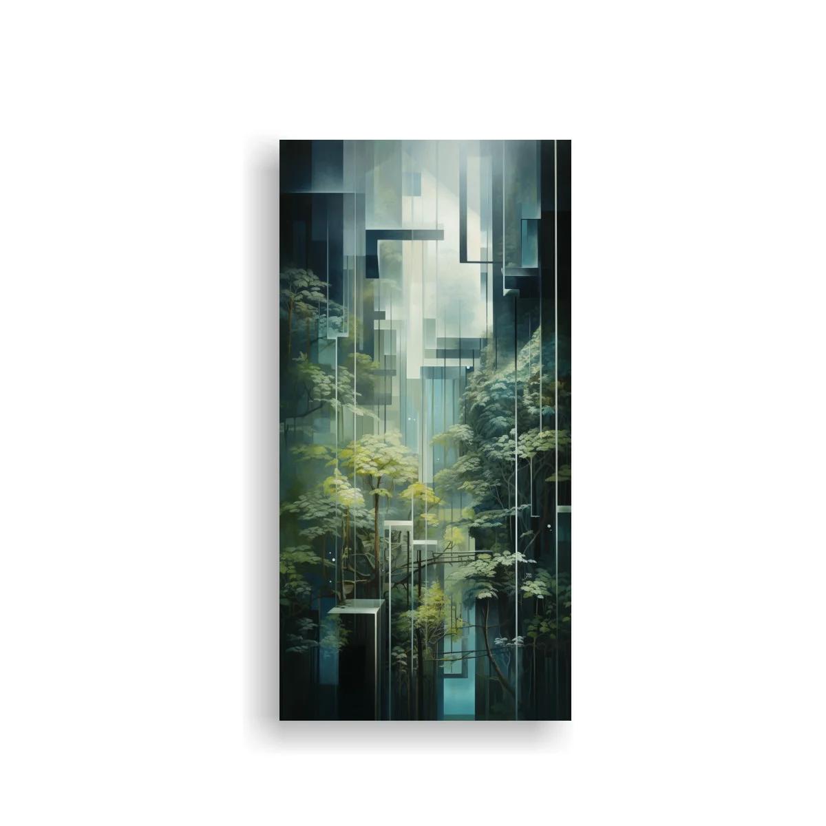Cuadro bosque vertical futurista con niebla y luz pálida