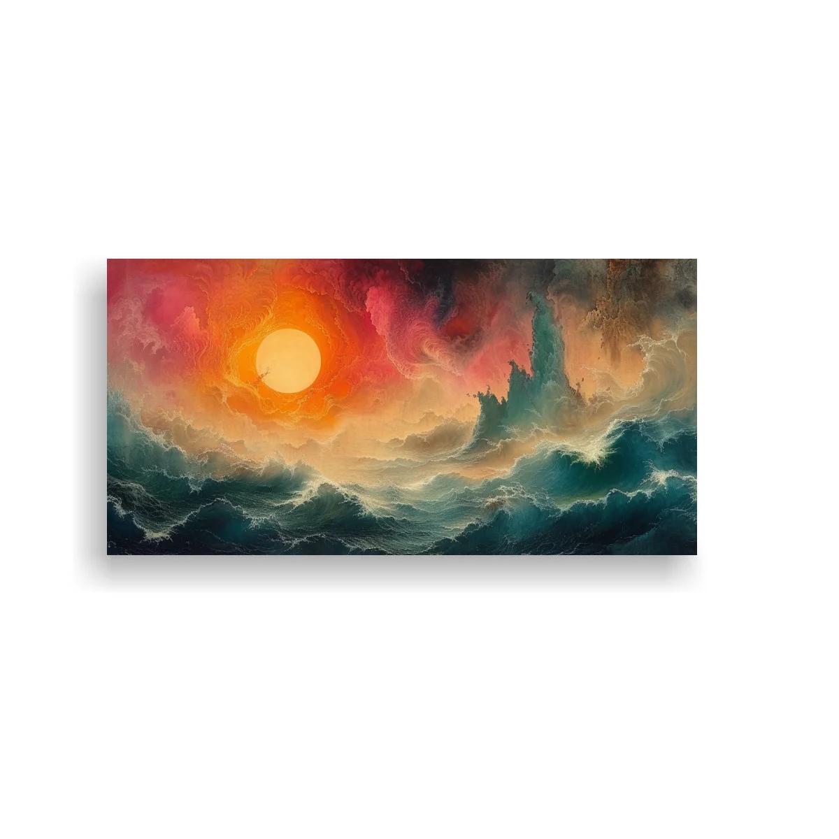 Cuadro sol sobre mar tormentoso con cielo rojo y olas agitadas