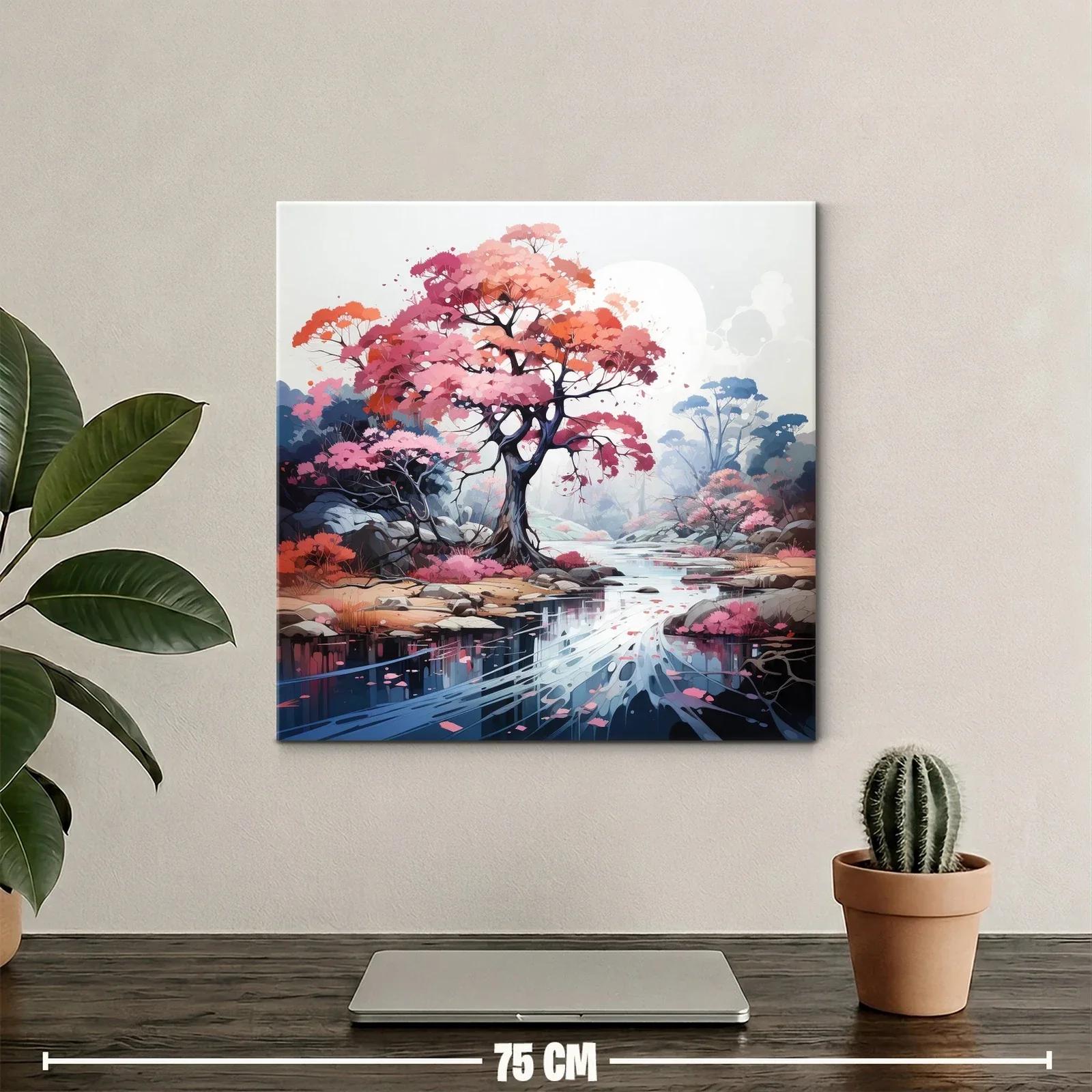Paisaje sereno con árbol rosa junto a río reflejante — miniatura 2