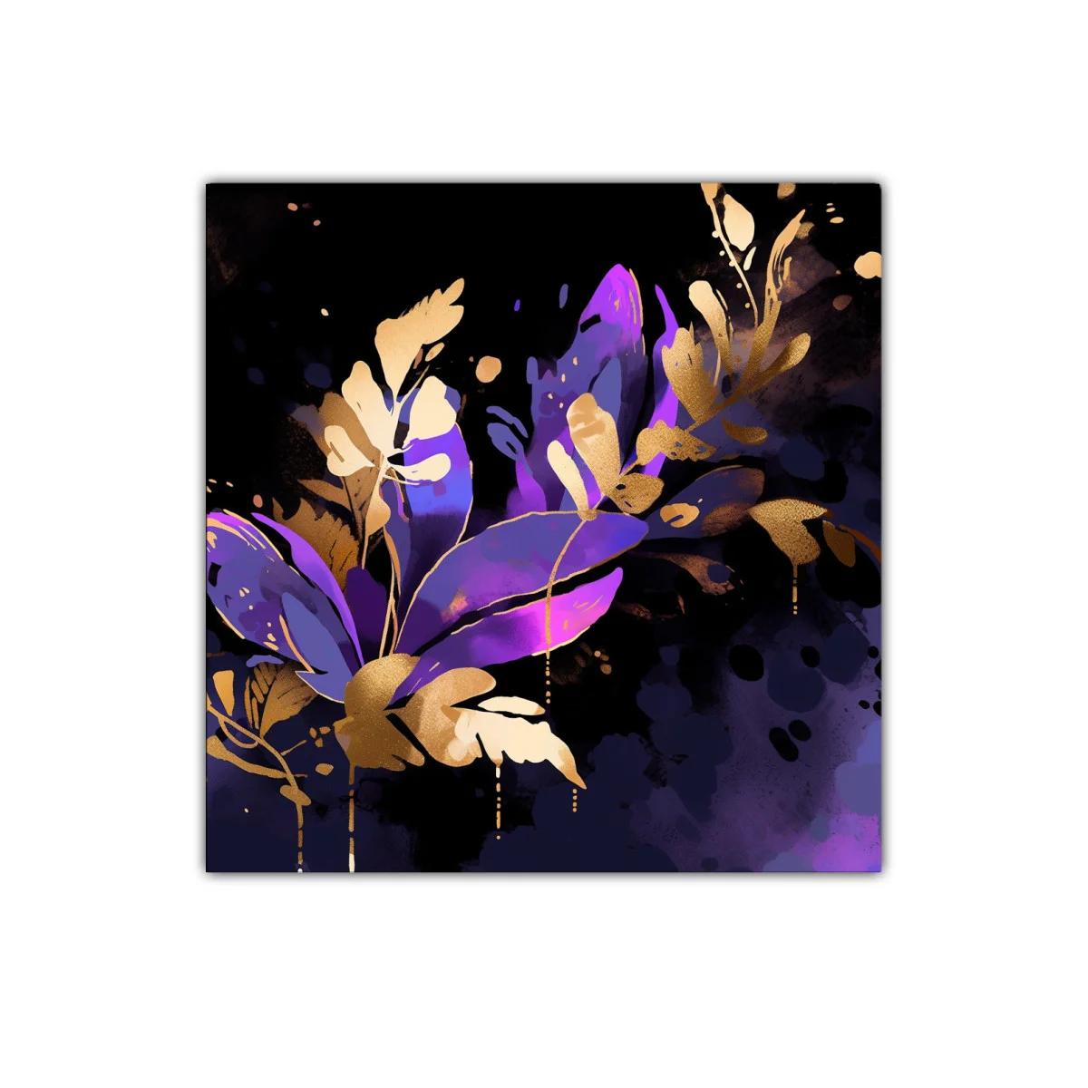 Cuadro decorativo con hojas doradas y tonos violetas intensos