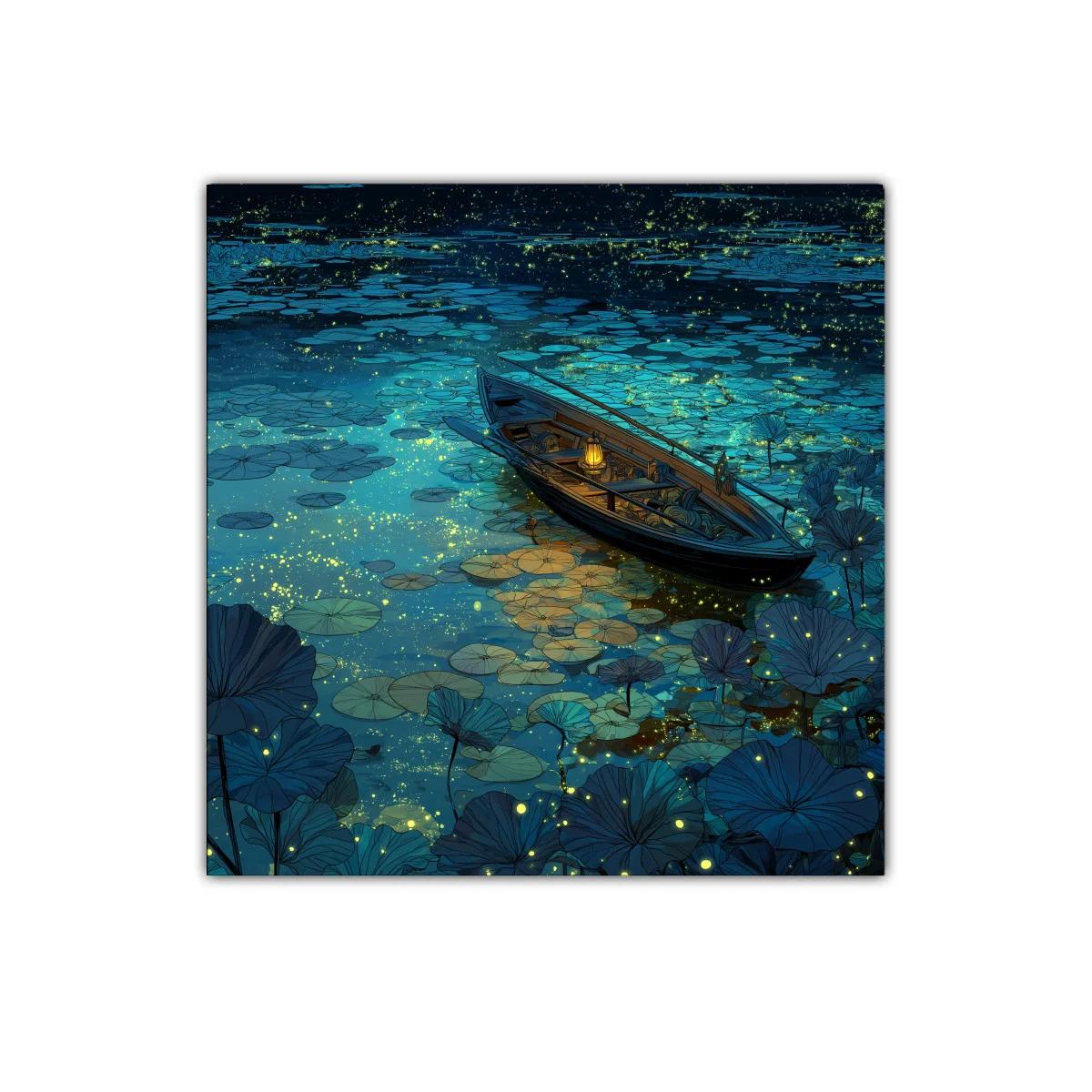 Noche mágica sobre el estanque con barca iluminada — imagen principal