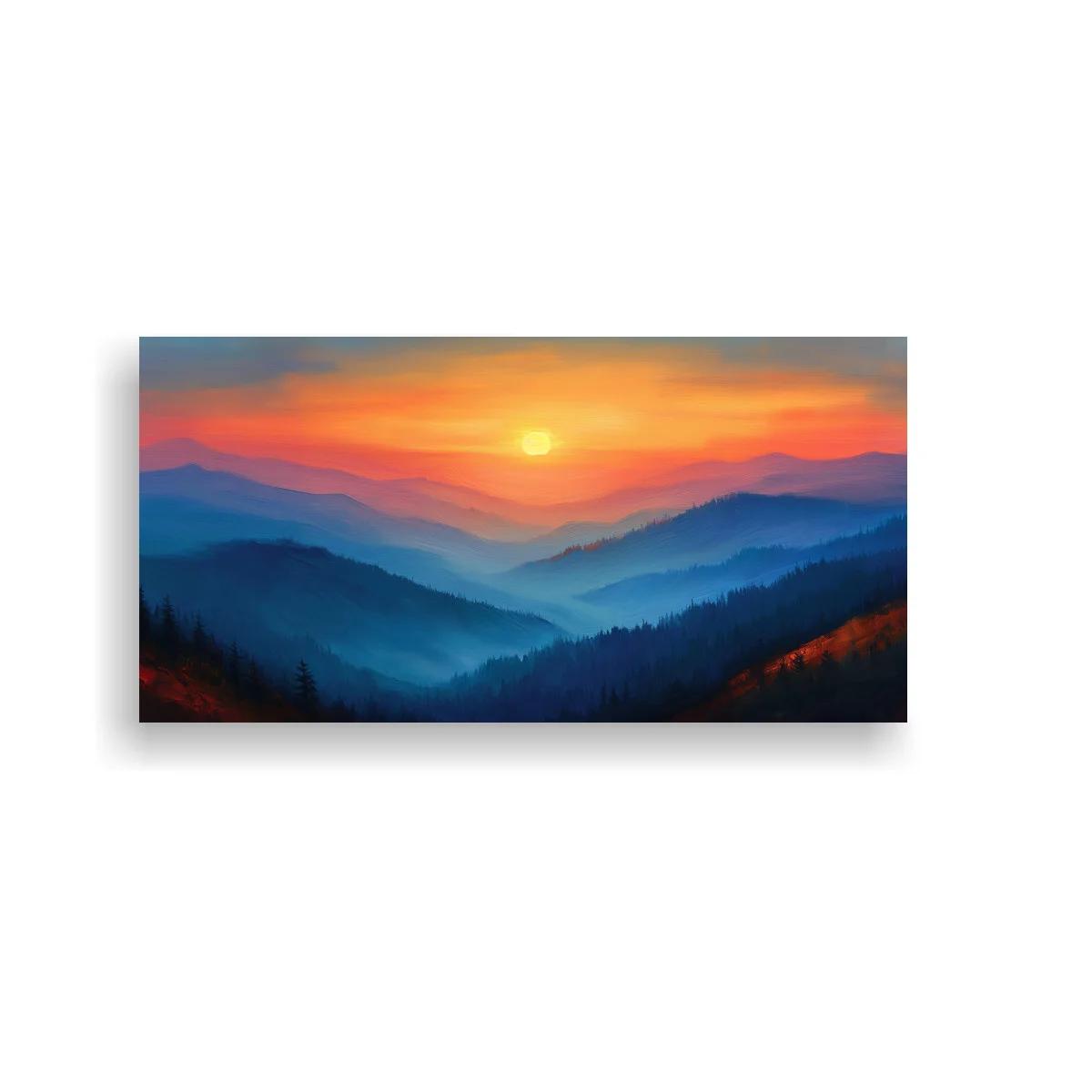 Cuadro atardecer sobre montañas con bruma y pinos — imagen principal