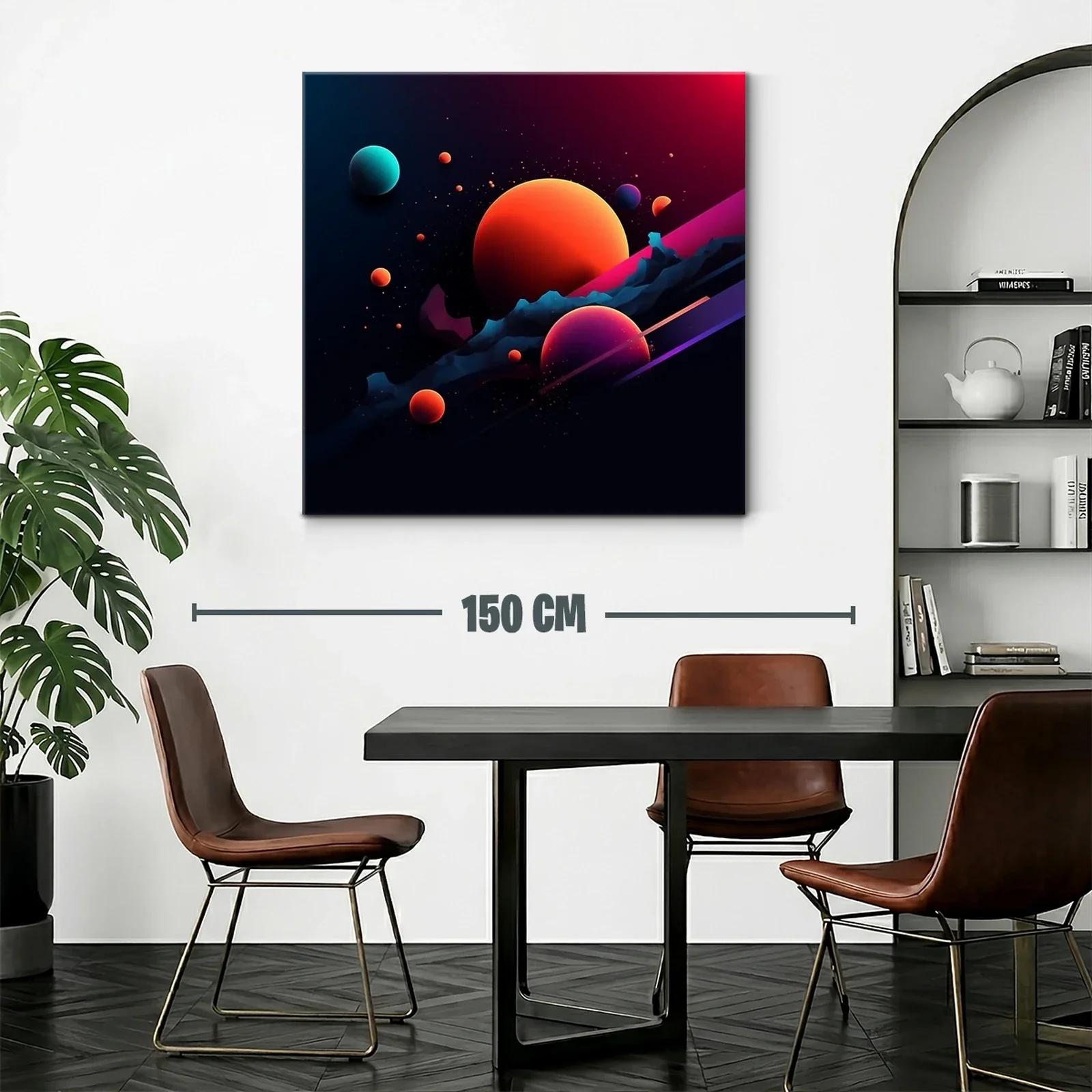 Cuadro abstracto con planetas vibrantes en espacio oscuro — miniatura 2