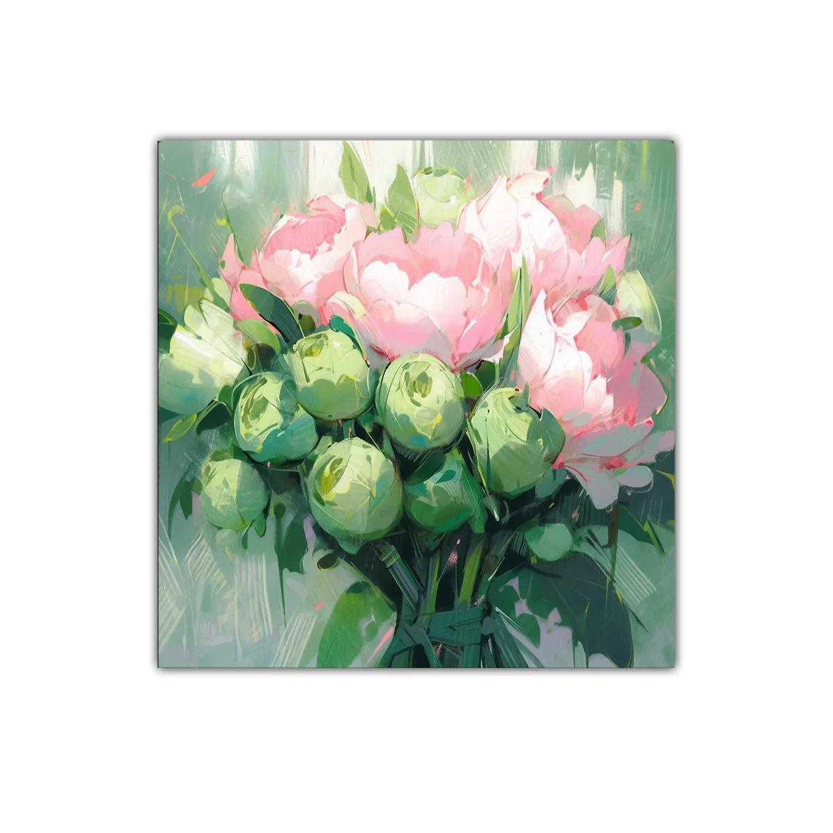 Cuadro decorativo con ramo de flores en tonos suaves y verdes