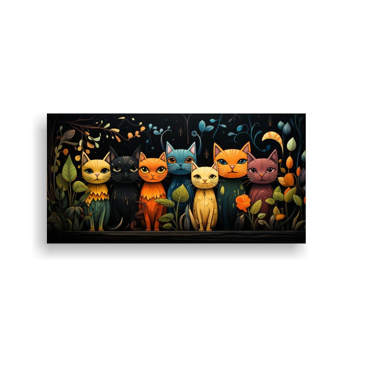 Cuadro grupo de gatos entre tallos y flores