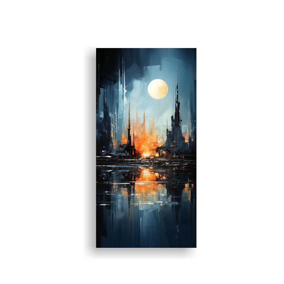 Cuadro ciudad futurista con luna llena y reflejo nocturno