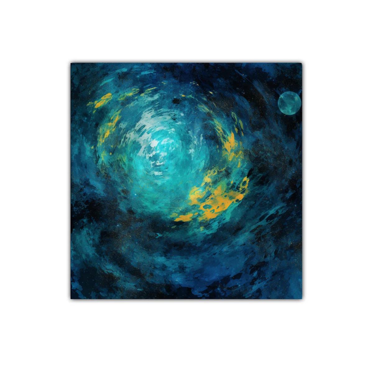 Cuadro decorativo de remolino galáctico en tonos azules y amarillos