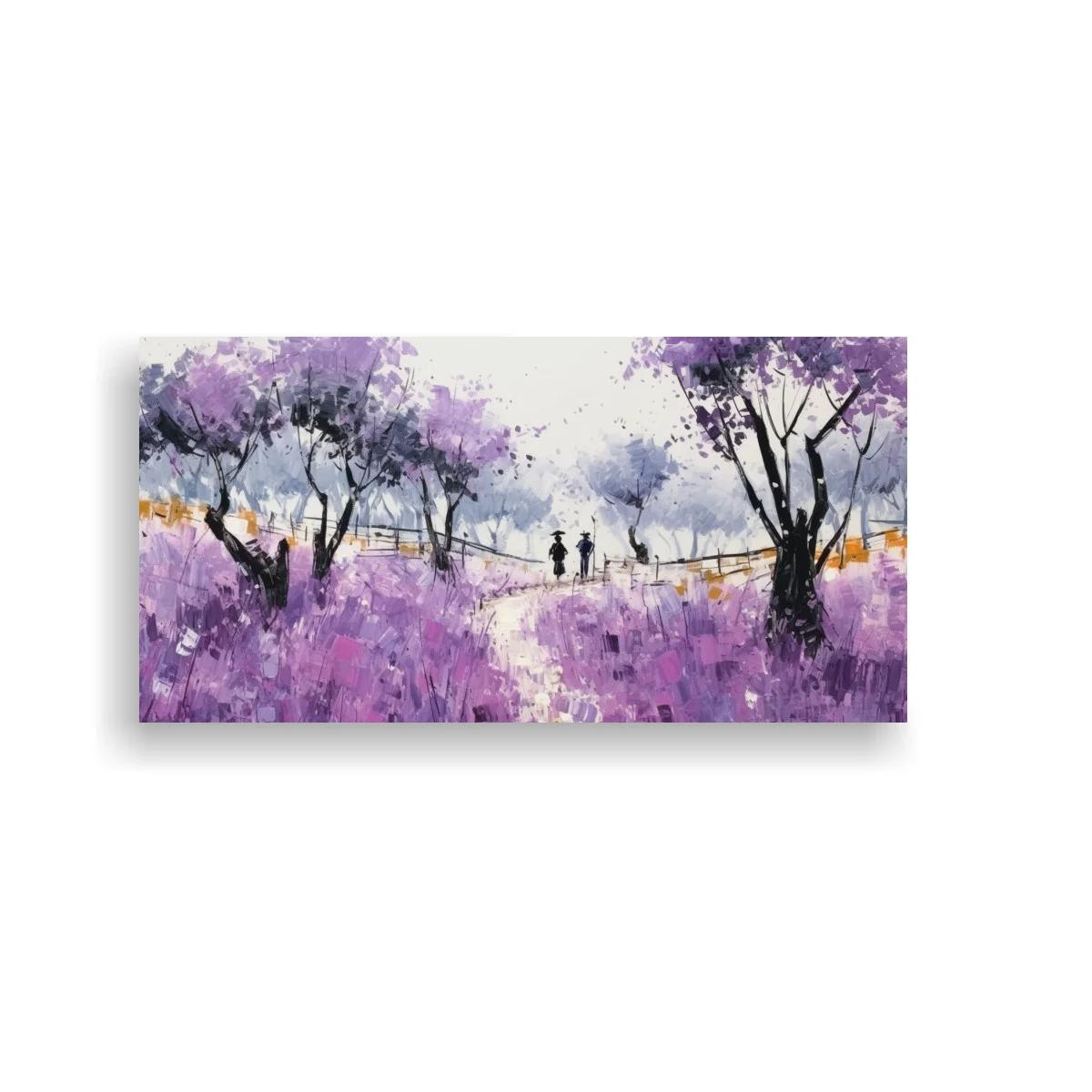 Cuadro paisaje con árboles y flores lilas y violetas