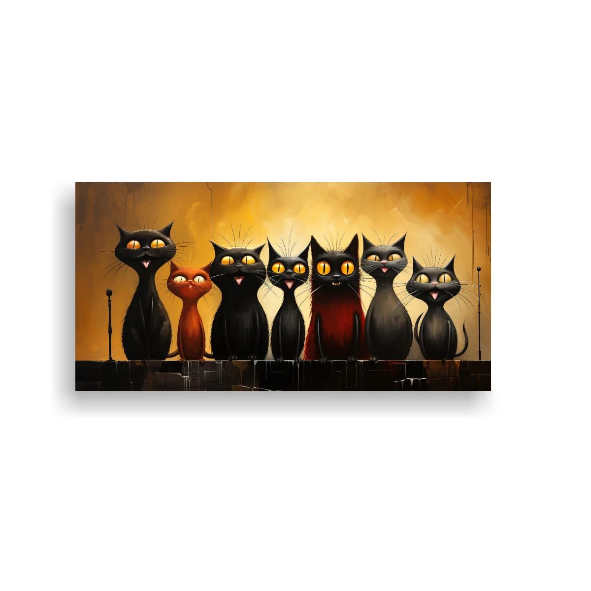 Cuadro grupo de gatos negros con ojos amarillos y silueta urbana