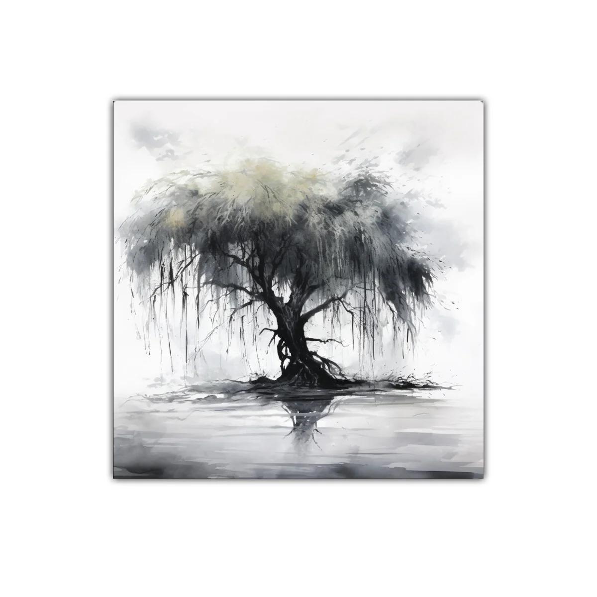 Árbol solitario con reflejo en tonos grises y suaves verdes — imagen principal