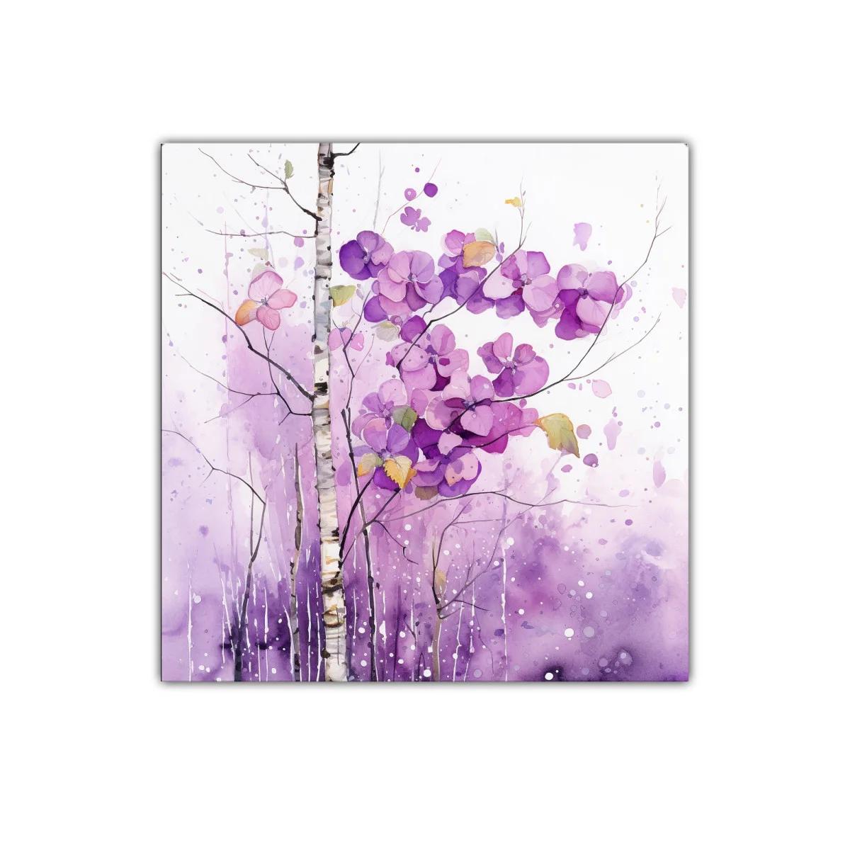 Cuadro decorativo con flores en tonos morados y árboles delicados — imagen principal