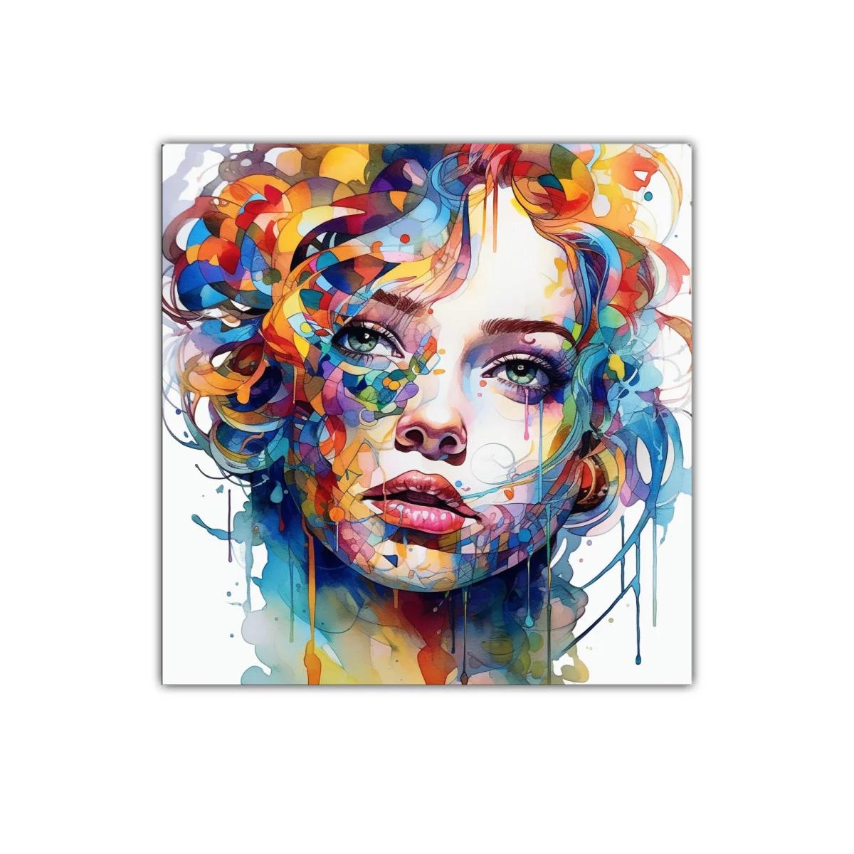 Rostro femenino vibrante con colores intensos y detalles abstractos — imagen principal
