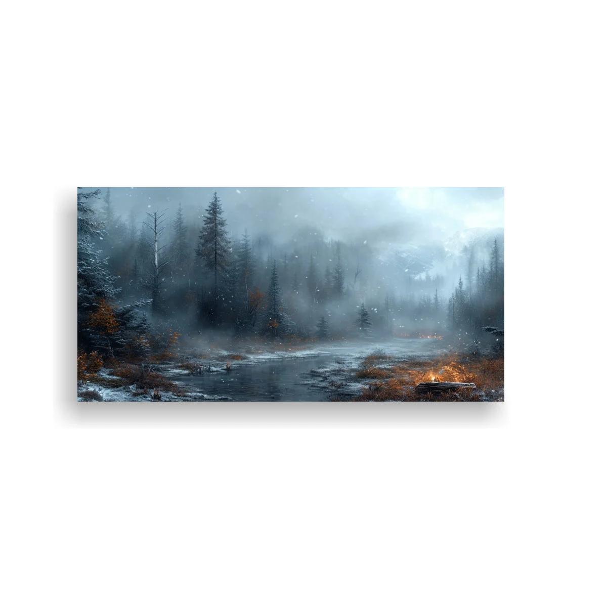 Cuadro bosque de coníferas con niebla y agua tranquila