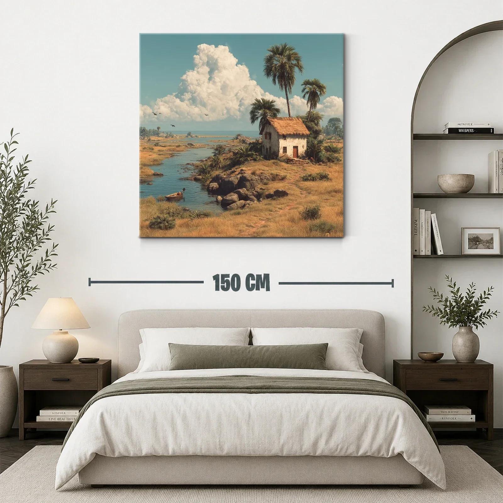 Paisaje rural con casa junto al río y palmeras altas — miniatura 3