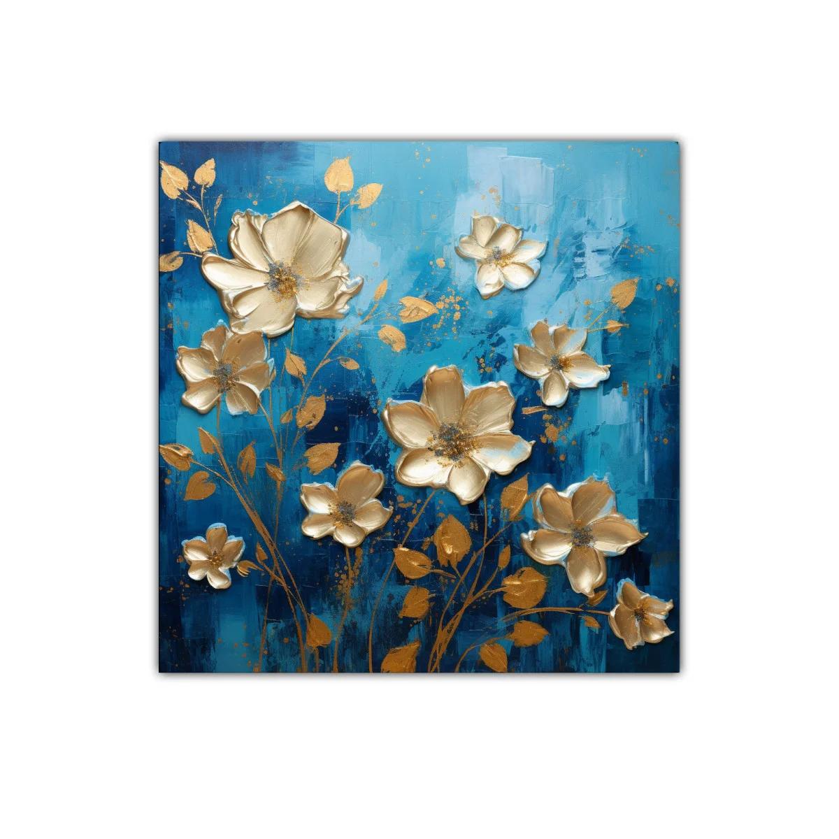 Cuadro floral con flores doradas sobre fondo azul profundo — imagen principal