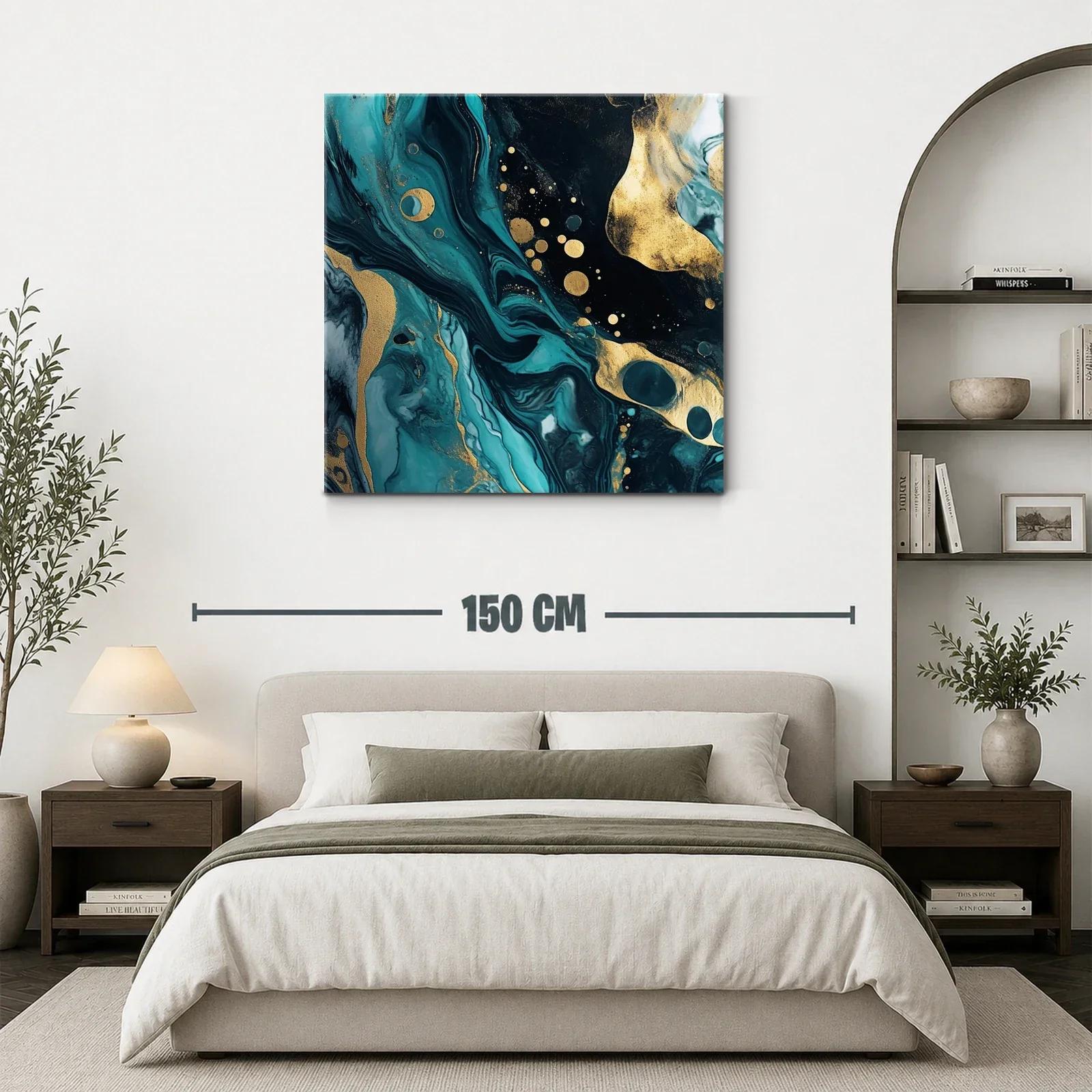 Cuadro abstracto con tonos turquesa y dorado vibrante — miniatura 3