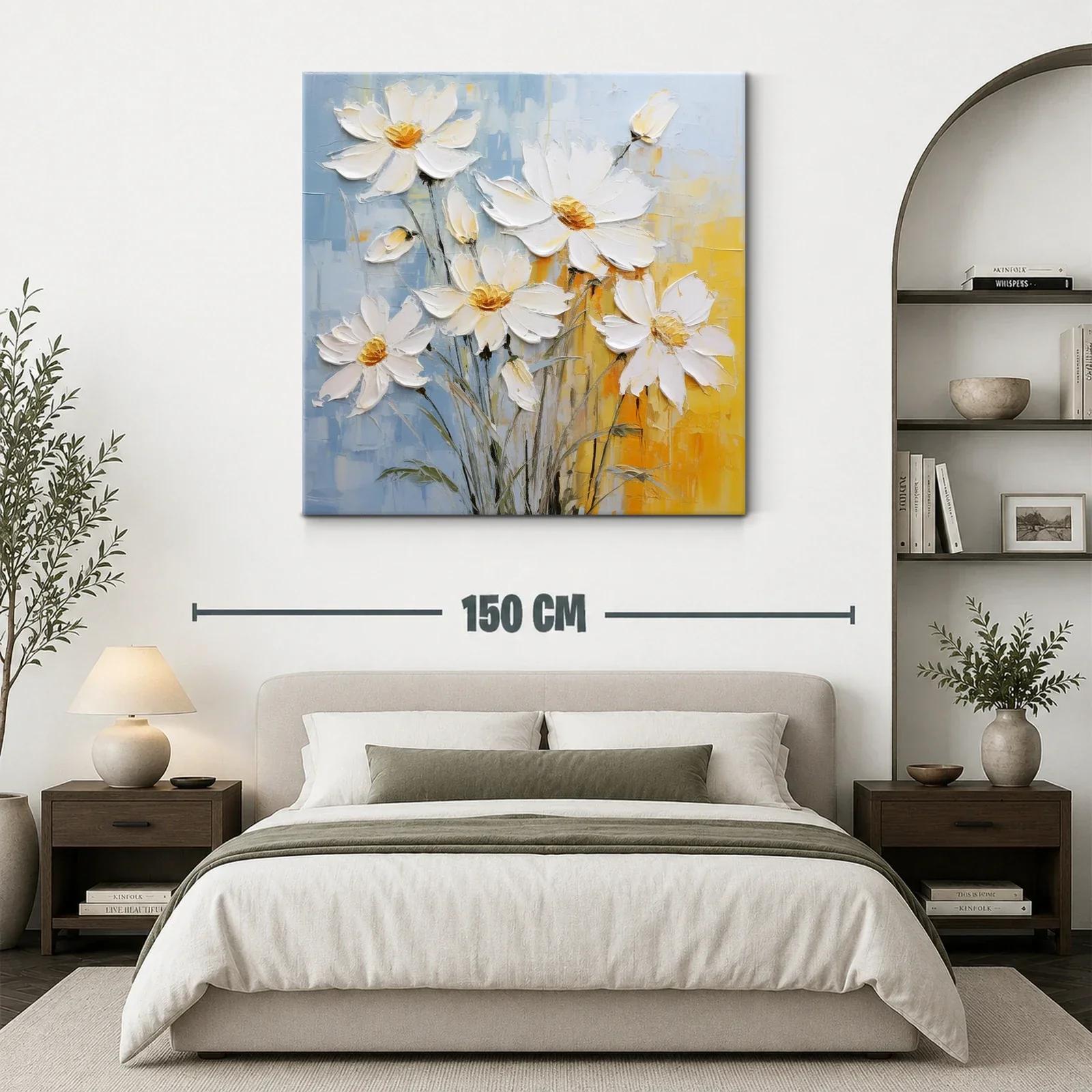 Cuadro con ramo de flores blancas y fondo azul y amarillo — miniatura 3