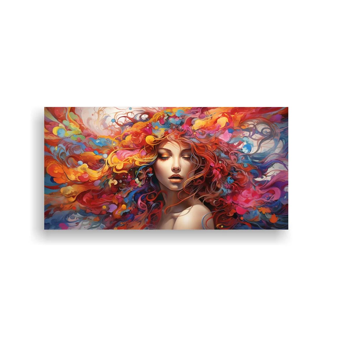 Cuadro rostro de mujer con cabello multicolor y formas abstractas