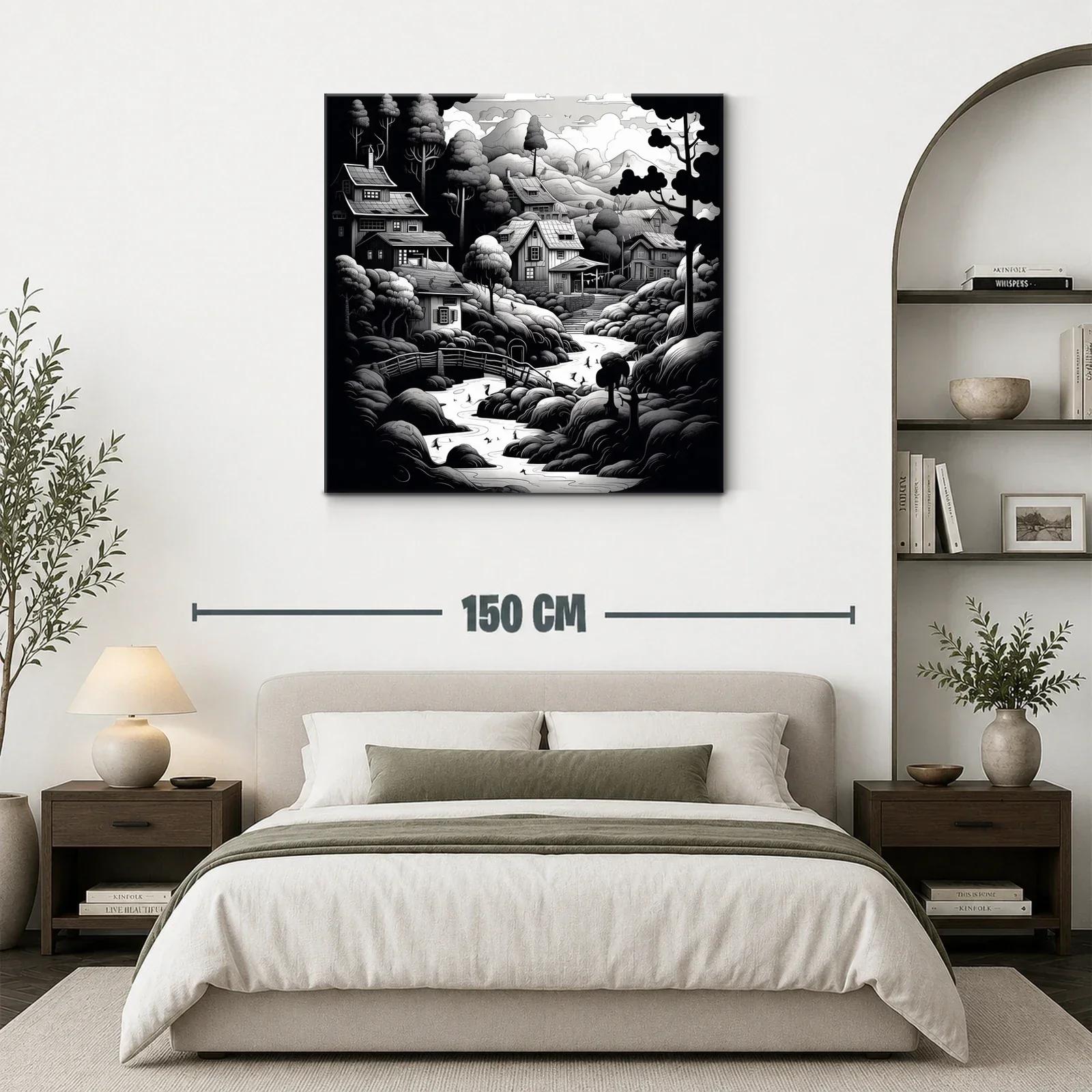 Paisaje rural en blanco y negro con casas y río serpenteante — miniatura 3