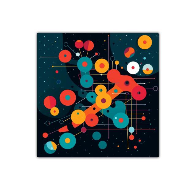 Composición abstracta con círculos coloridos y líneas geométricas