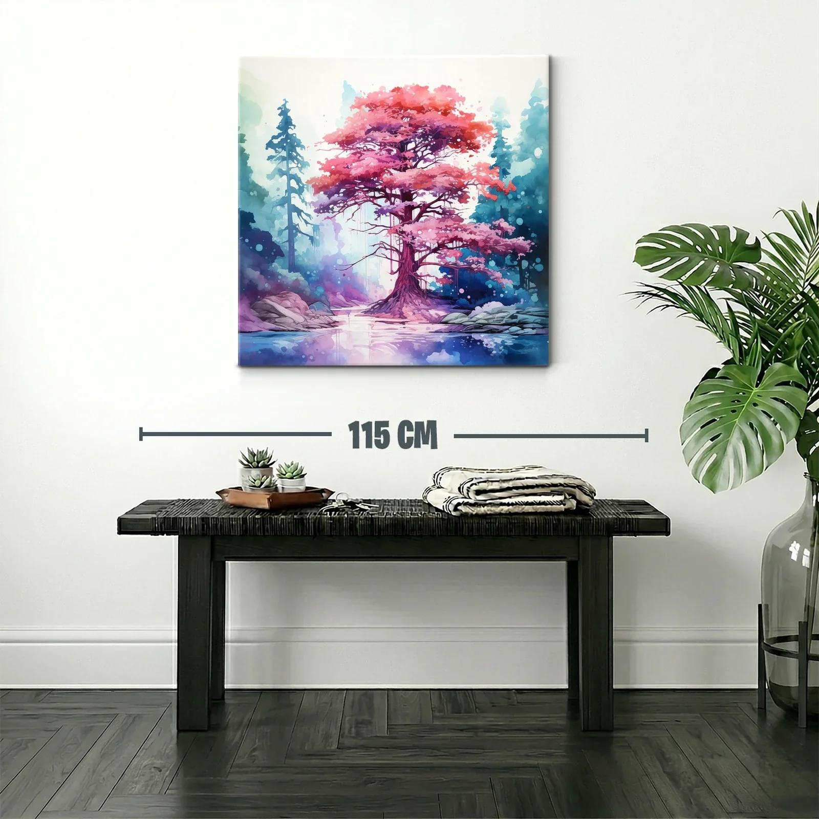 Árbol rosa mágico entre bosque azul y lago tranquilo — miniatura 2