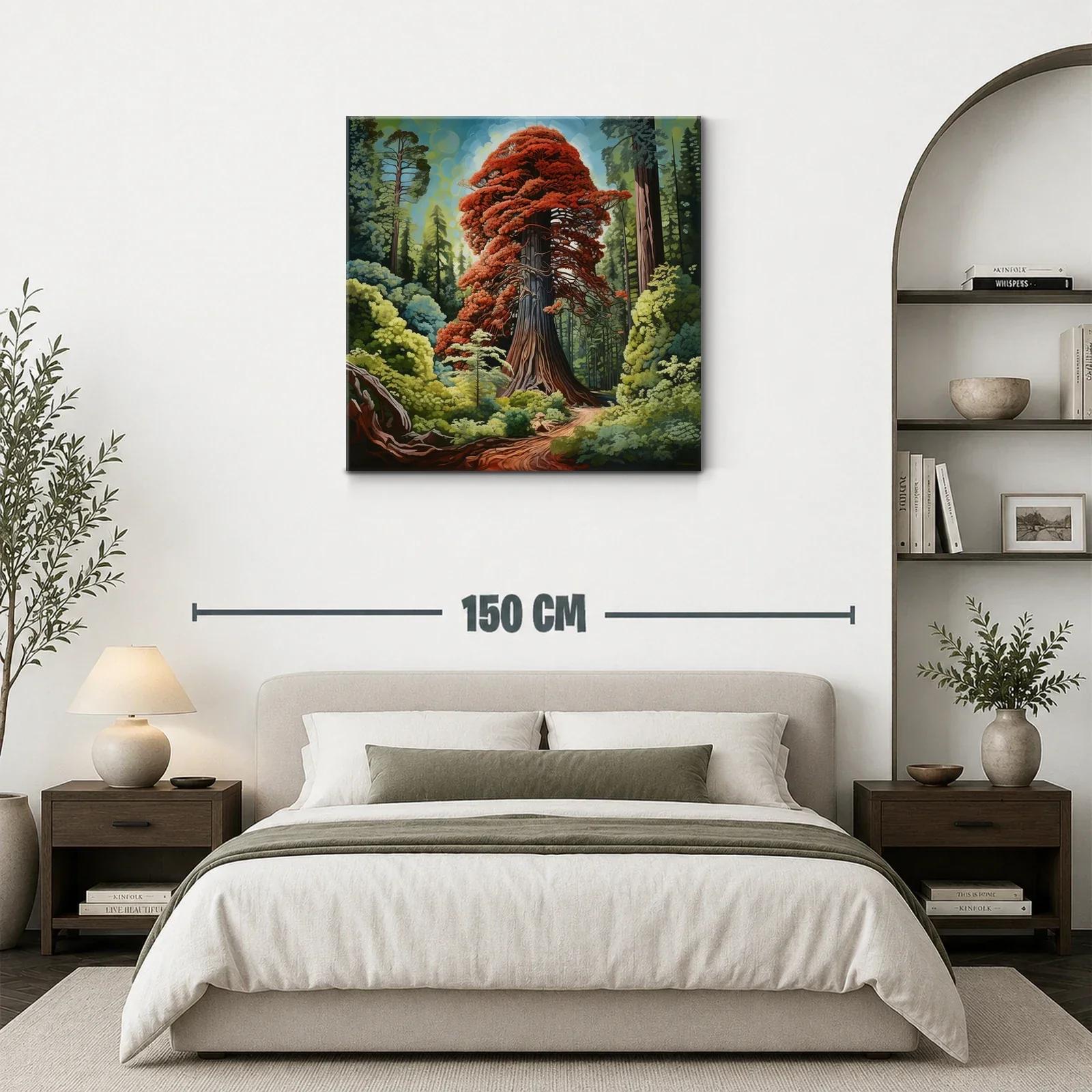 Gran árbol rojo rodeado de bosque verde vibrante — miniatura 3