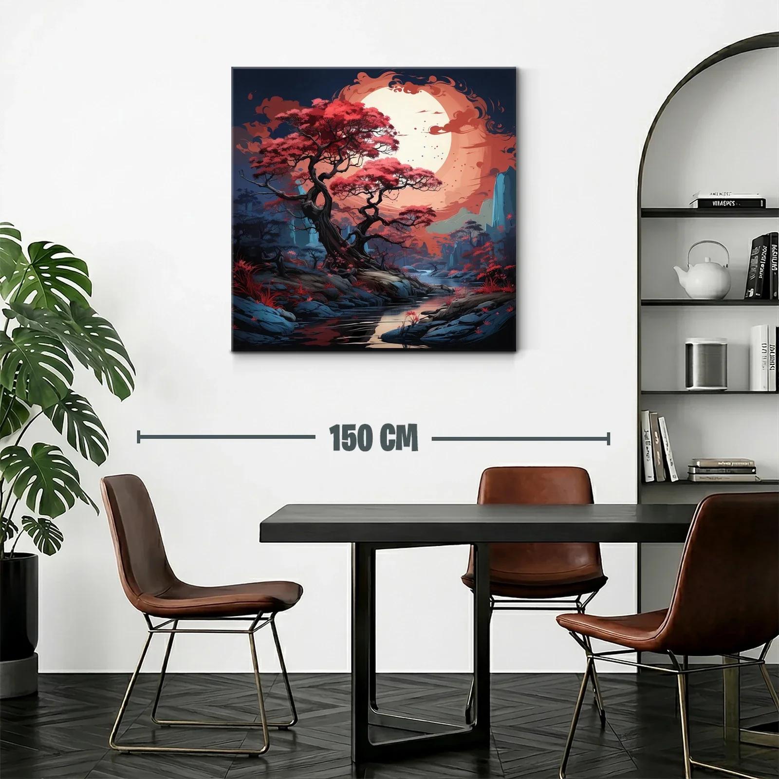 Paisaje mágico con árbol rojo bajo una luna enorme — miniatura 2