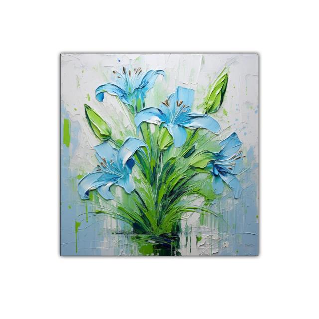 Cuadro floral intenso con lirios azules y verdes vibrantes