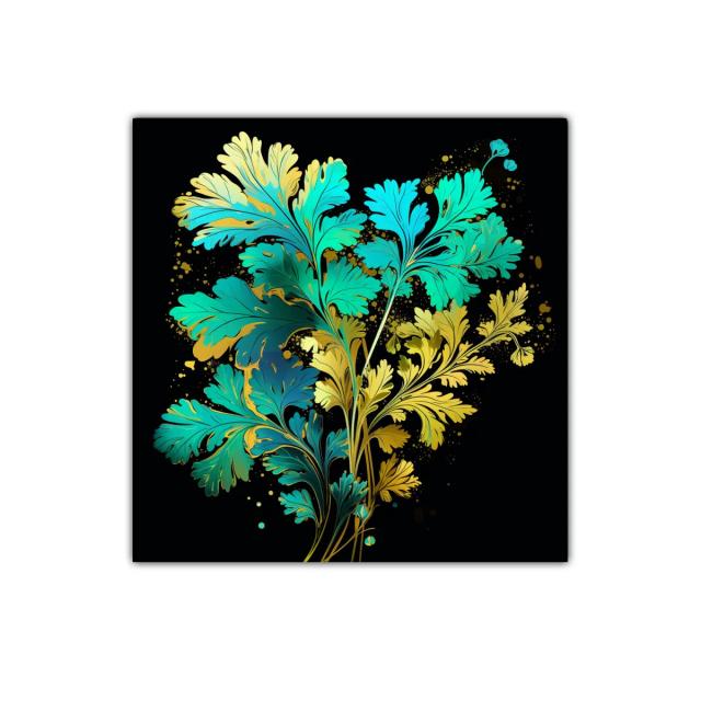 Cuadro decorativo plantas en tonos dorados y turquesas