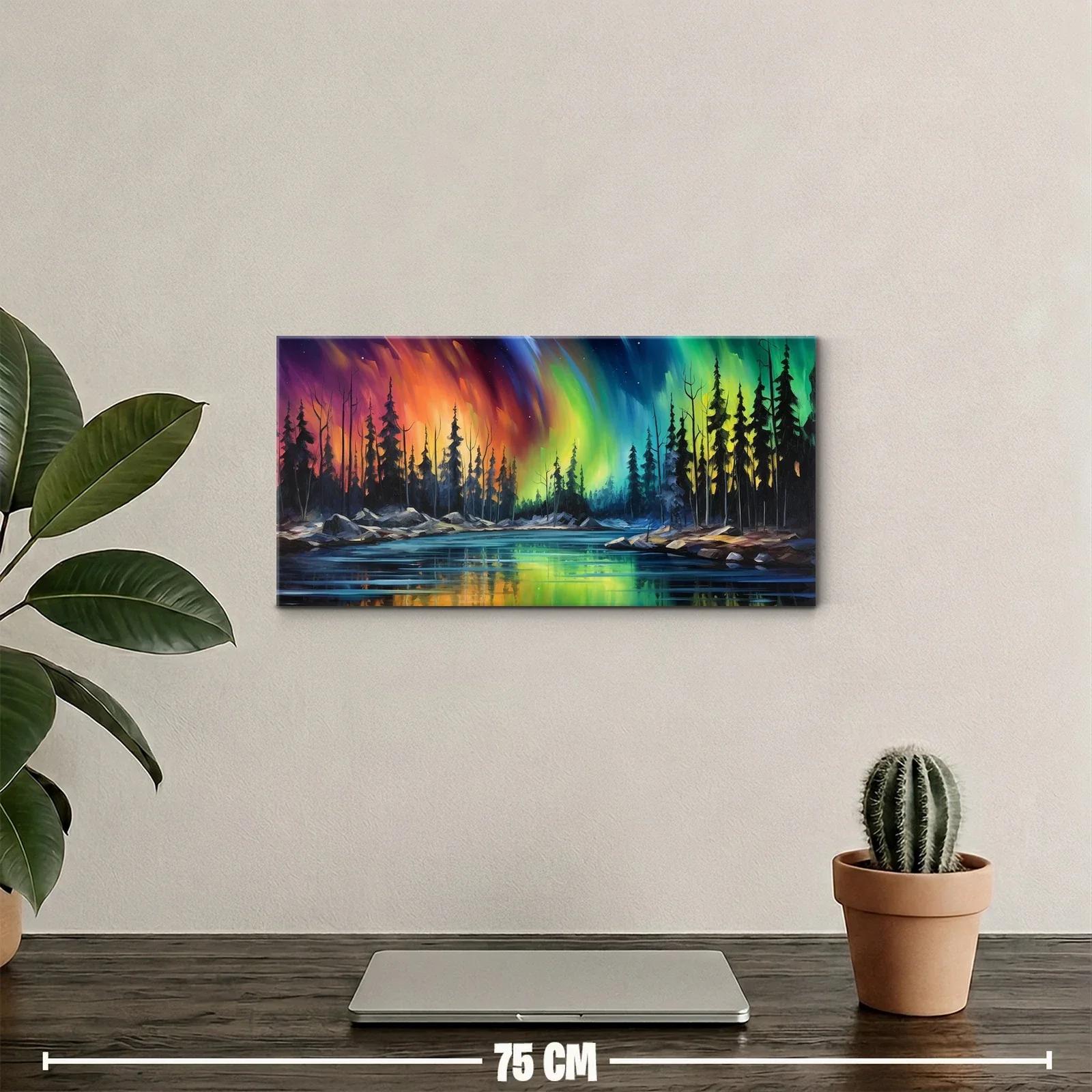 Cuadro aurora boreal con lago y bosque de pinos — miniatura 2