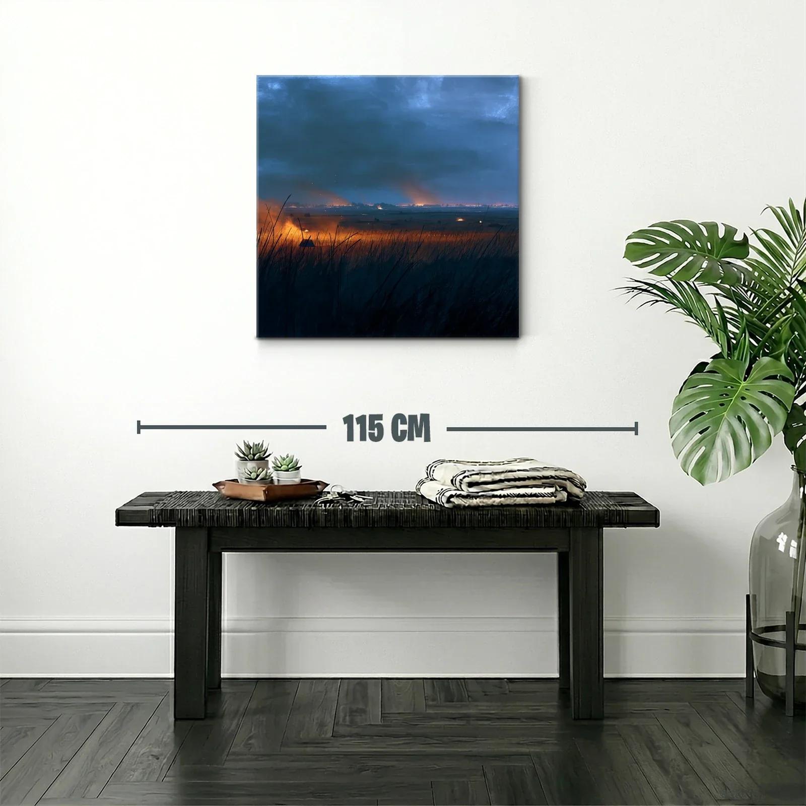 Atardecer en campos con llamas naranja y cielo azul oscuro — miniatura 2
