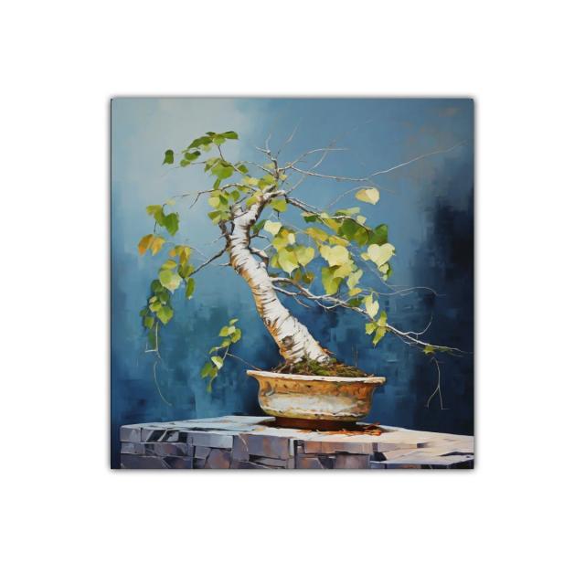 Cuadro decorativo con bonsái en tonos azules y verdes