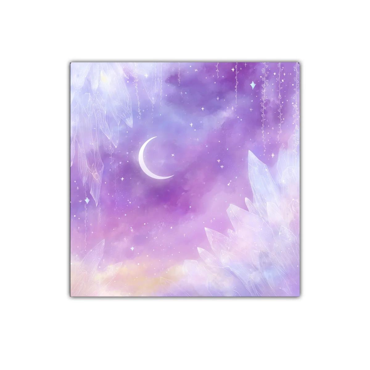 Cuadro con luna creciente y cristales en tonos lavanda y violeta — imagen principal