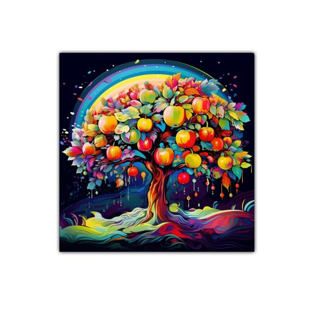 Árbol de manzanas con vibrantes colores y arcoíris