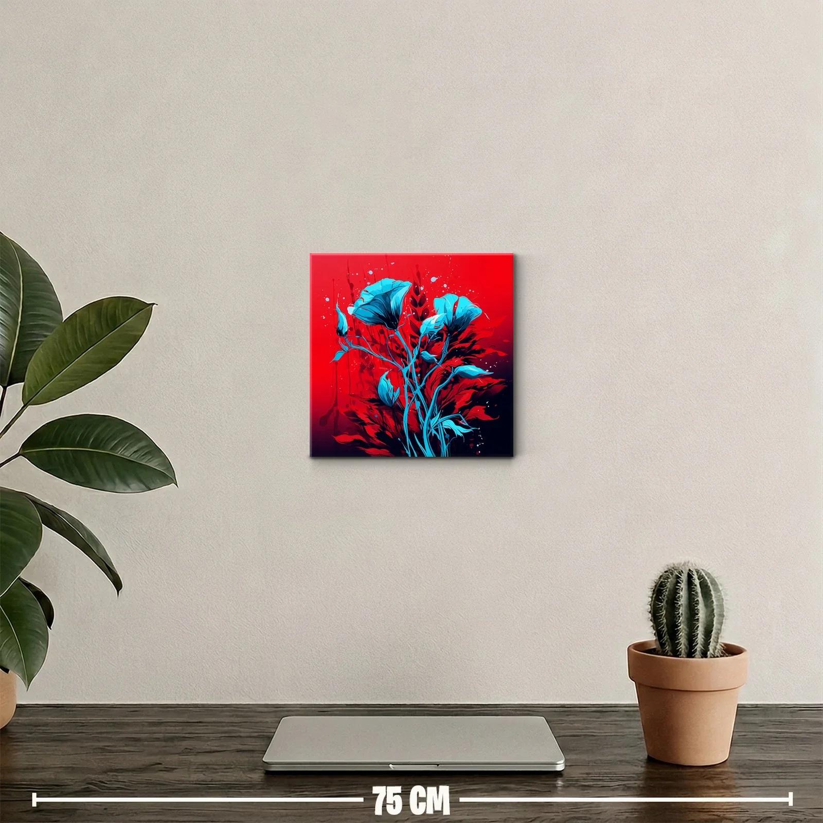 Cuadro decorativo con flores azules sobre fondo rojo vibrante — miniatura 2