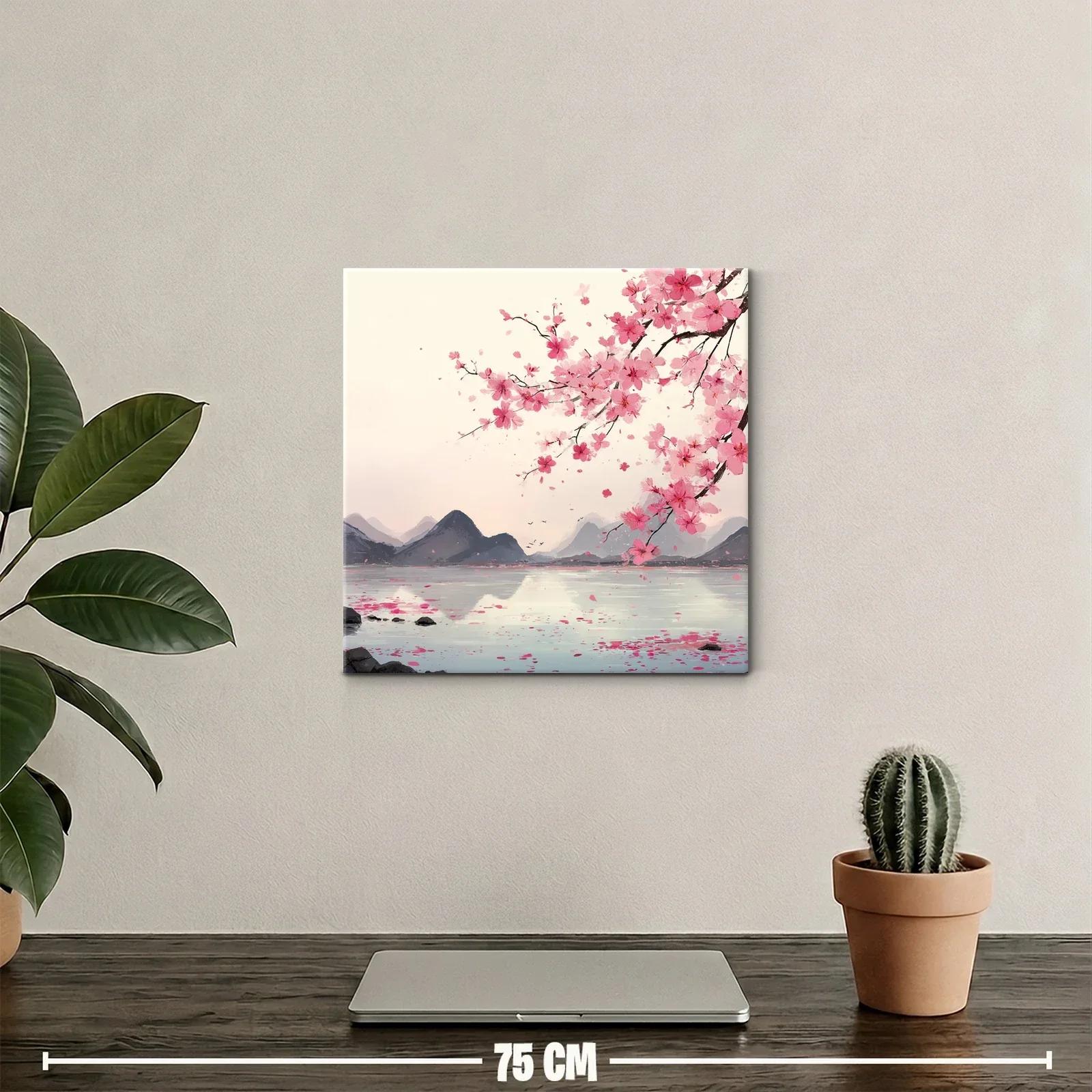 Serena escena con flores de cerezo en paisajes montañosos — miniatura 2