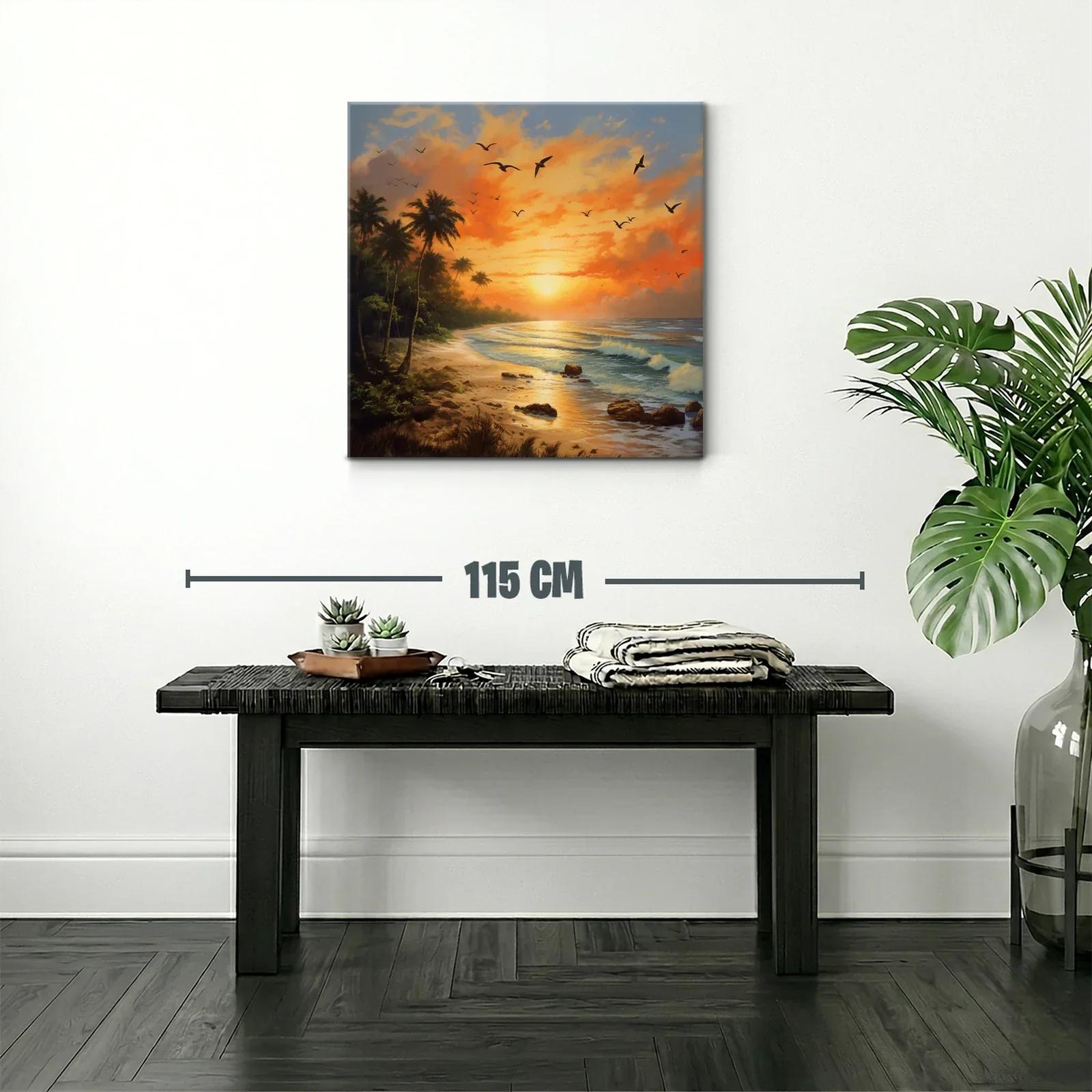 Atardecer tropical con palmeras y aves en vuelo — miniatura 2
